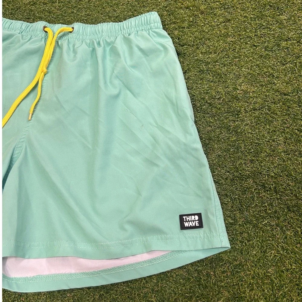 Third Wave Mens Mint Green Swim Trunks Size XL Yellow Drawstring Zipper Pocket